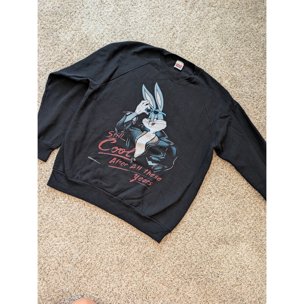 Vintage 1990 Bugs Bunny Anvil Sweatshirt Black XL Looney Tunes Made in USA